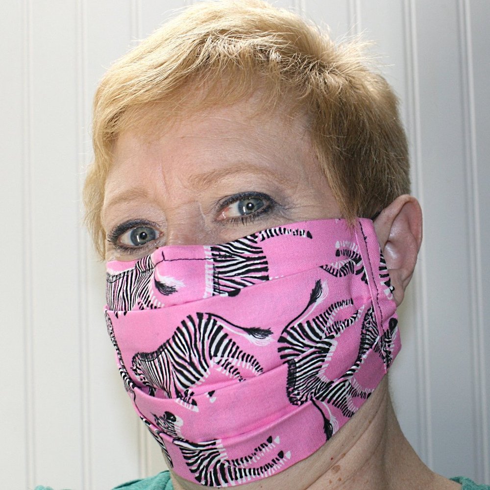 HAND CRAFTED Face Mask Pink Zebra Adult Cloth Fabric Print - Pocket Style